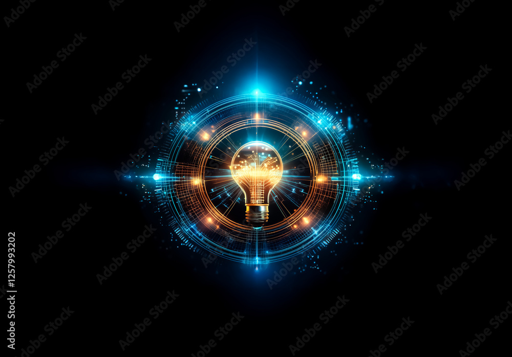 Poster Bright light bulb with a golden glow inside a blue futuristic circular frame on a black background. Represents a bright idea or technology concept.
