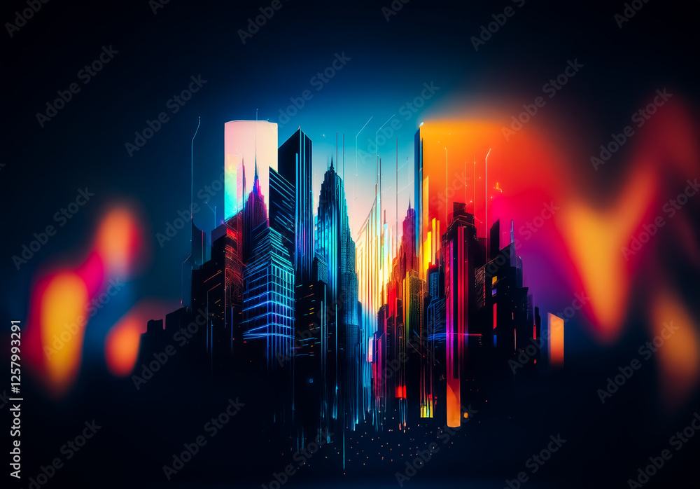 Leinwandbilder vibrant city skyline at night, illuminated with neon lights and abstract colorful shapes, creating a