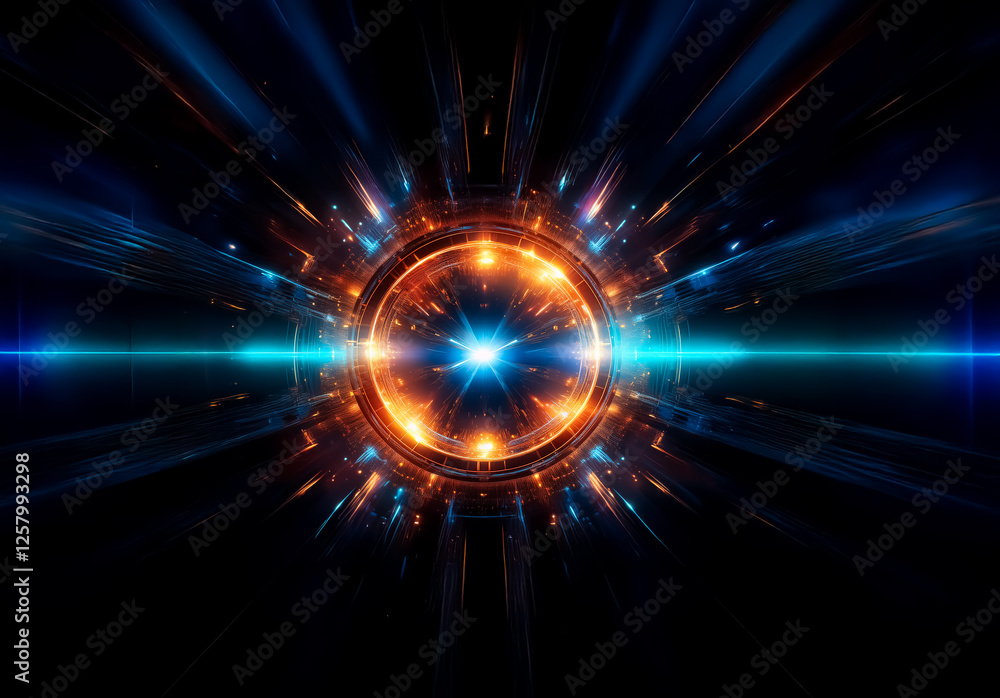Poster bright circular core emits orange and blue light rays against a dark backdrop. abstract futuristic e
