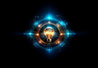Bright light bulb with a golden glow inside a blue futuristic circular frame on a black background. Represents a bright idea or technology concept.