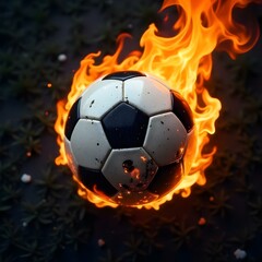 Naklejka premium A soccer ball engulfed in flames with a dynamic background that suggests motion and energy. The ball features the traditional black and white hexagonal pattern, and the flame is darker.
