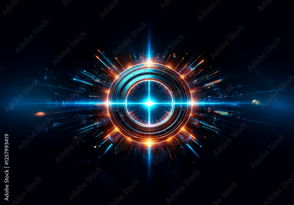 Poster futuristic circular object glowing intensely with blue and orange light rays radiating outward again