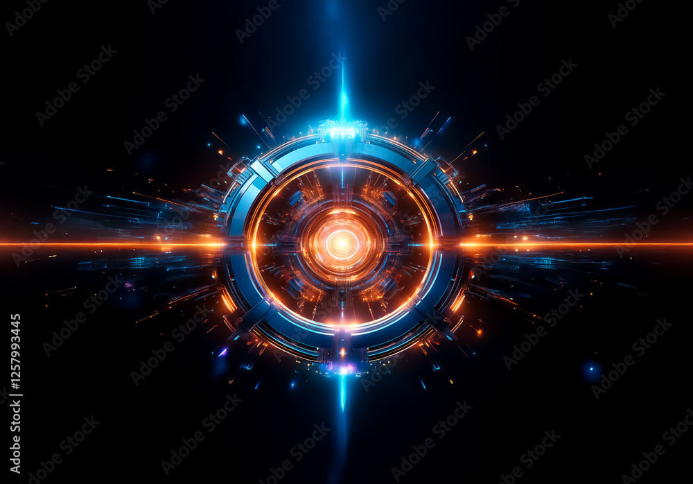 Poster circular futuristic technology core emitting vibrant blue and orange light beams and sparks against 