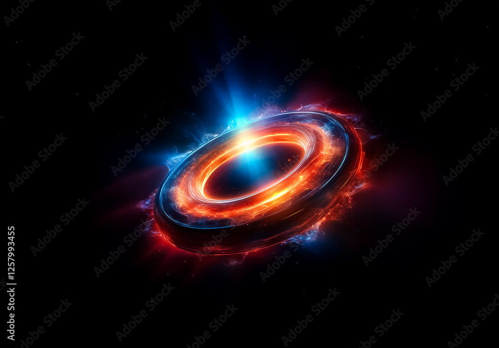 Poster a luminous ring form with radiant red and blue energy swirls against a stark black background, creat