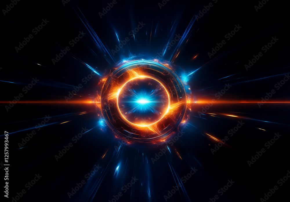 Poster vibrant energy core emits radiating light beams in blue and orange hues against a dark backdrop, cre