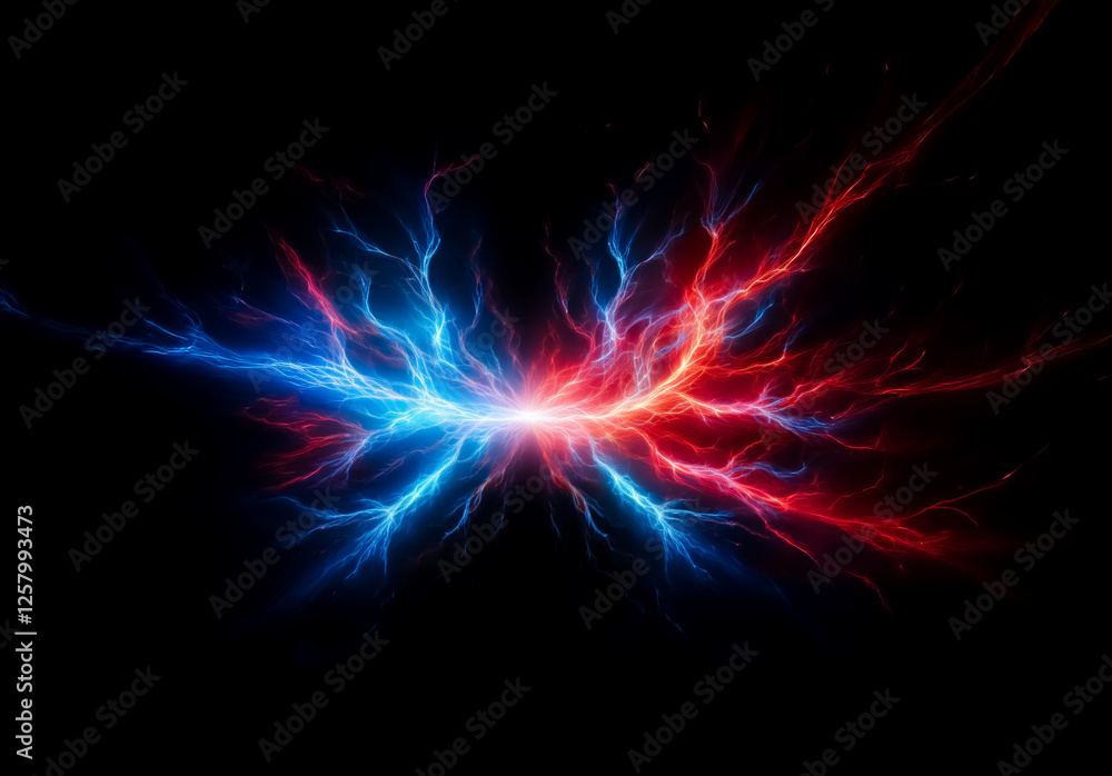 Aufkleber Vibrant energy streams of blue and red collide against a dark background, creating a dynamic and abstract visual effect.