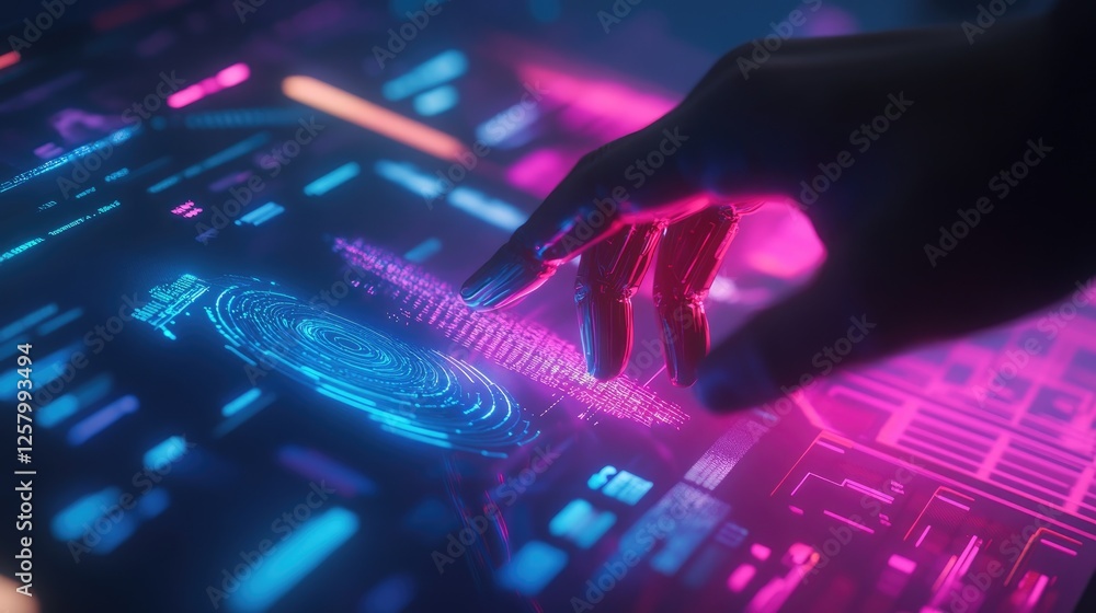 Poster futuristic robotic ai hand interacting with a glowing digital touch interface.