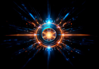 Abstract digital art presents a central circular core, radiating energetic blue and orange beams against a dark backdrop, creating a futuristic, dynamic visual.
