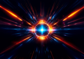 Vibrant central light source with radiating blue and orange beams creates a dynamic, abstract, and energetic burst against a dark backdrop.