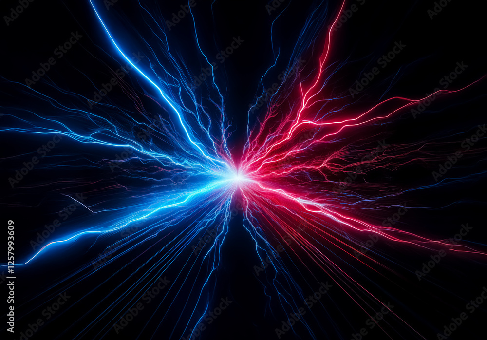 Aufkleber Striking blue and red electric energy streams burst from a central point on a dark background, creating a dynamic and powerful visual effect of contrasting forces.