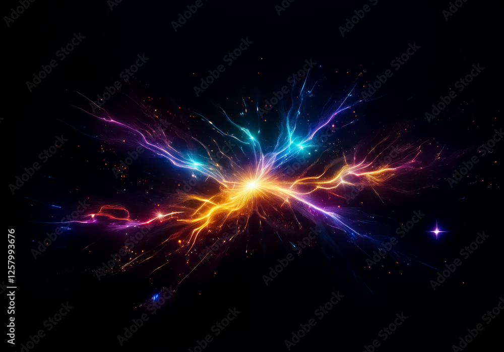Poster Vibrant abstract explosion of colorful light streaks emanating from a central point against a dark background, creating a dynamic and energetic visual effect.