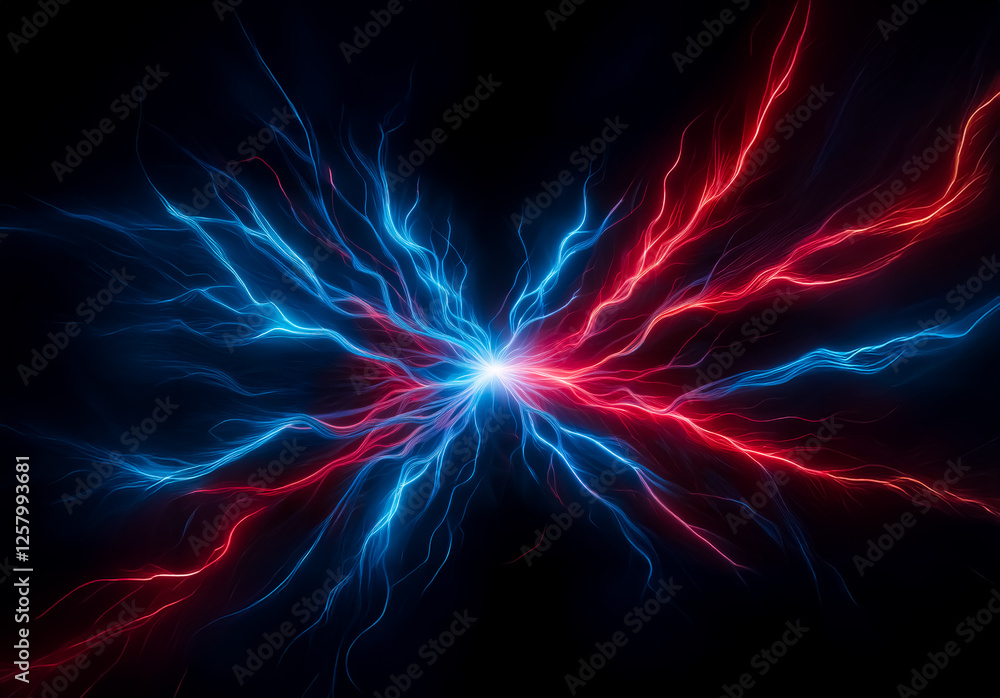 Poster vivid blue and red lightning energy emanates from a central glow against a dark background, creating