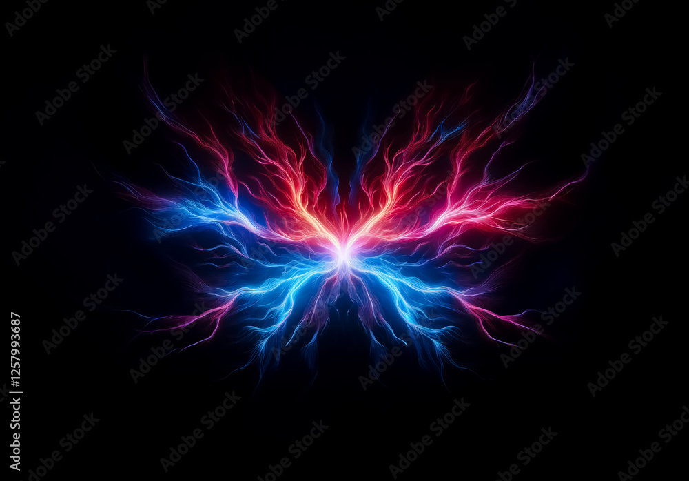 Poster Symmetrical abstract pattern of glowing red and blue branches radiates from a central point on a dark backdrop, conveying energy and motion.
