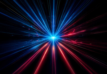 Obraz premium Abstract image of a central bright light emitting blue and red rays. Beams radiate outwards on a dark background, creating a sense of energy and speed.