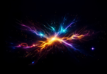 Fototapeta premium Vibrant abstract explosion of colorful light streaks emanating from a central point against a dark background, creating a dynamic and energetic visual effect.