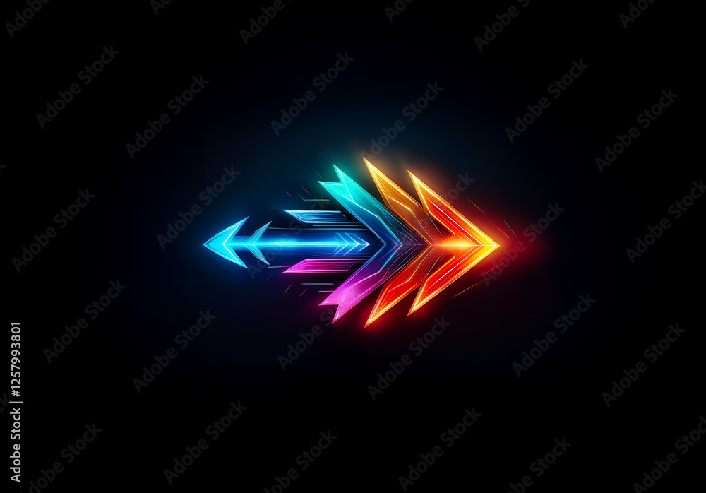Poster abstract luminous arrow-like shape with vibrant, geometric design against a dark backdrop. colorful 