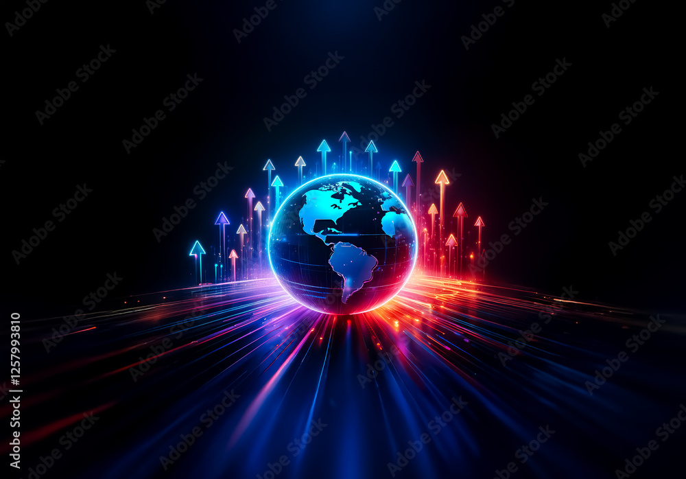 Poster glowing globe surrounded by upward arrows and vibrant light streaks against a dark backdrop. suggest