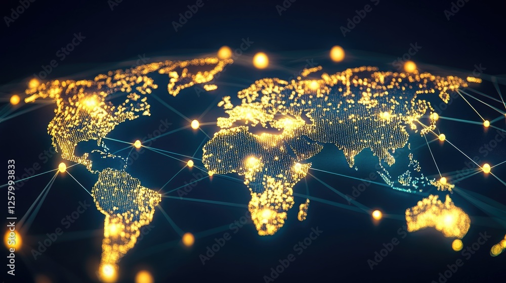 Poster global data network with analytics visualized in a modern office.
