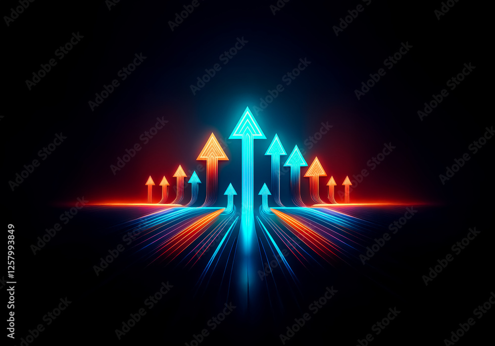 Poster arrows with vibrant light trails ascend against a dark backdrop, representing advancement and a forw