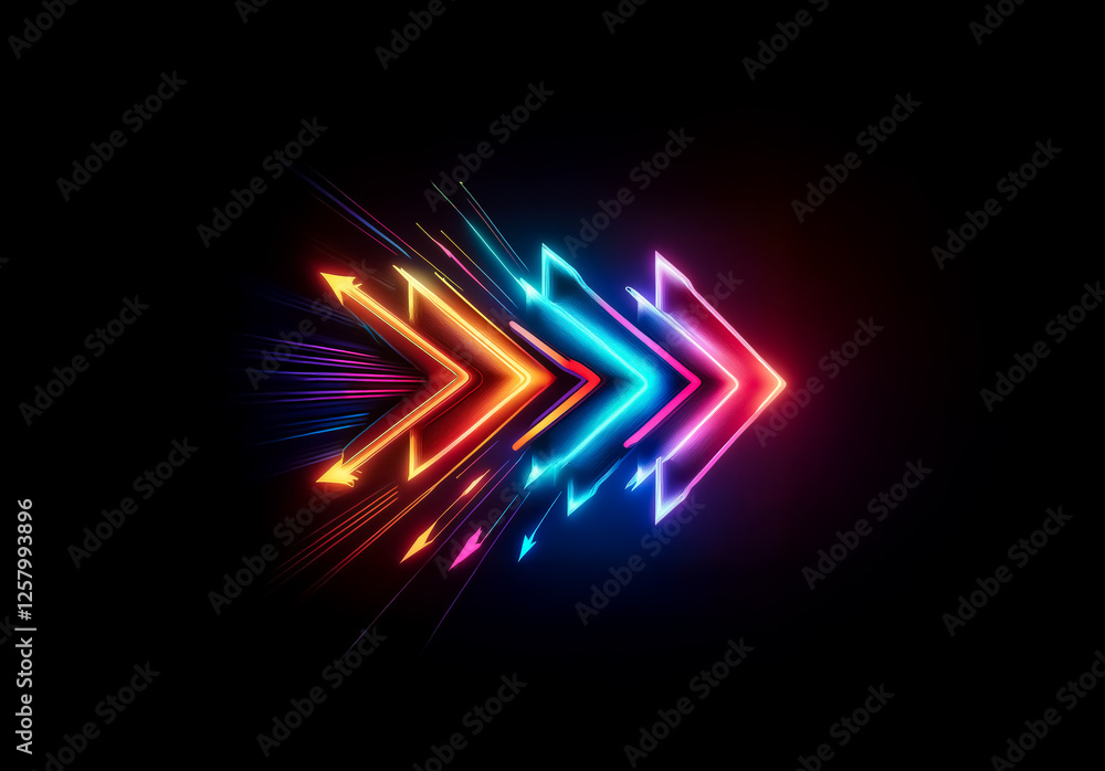 Poster Vibrant neon arrow streaks across a dark background, illuminating the path forward with dynamic motion and a spectrum of glowing colors.