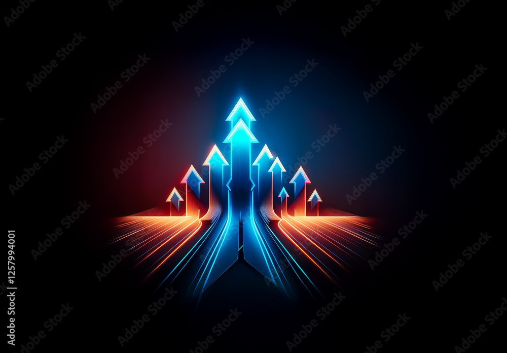 Poster dynamic display of illuminated arrows in vibrant blue and orange, ascending together against a dark 