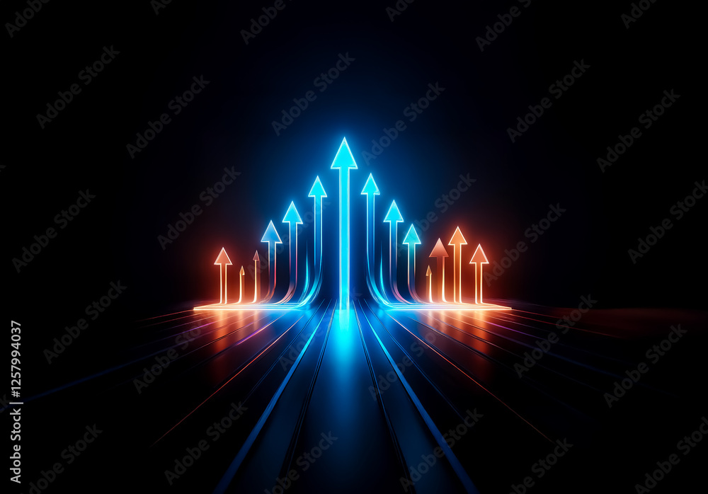 Poster glowing arrows in blue and orange ascend against a dark background. lines of light extend creating m