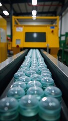 Obraz premium Detailed portrait of a busy recycling plant focusing on a conveyor belt filled with plastic bottles against a backdrop of sustainable industry