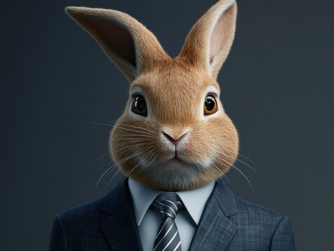 Close-up of an anthropomorphic rabbit in a modern suit, showcasing approachability and professionalism for customer service and client relations. Detailed view of suit and rabbit.