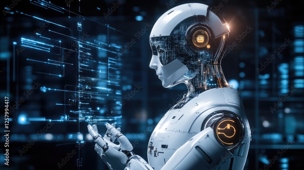Poster holographic artificial intelligence user interface controlling a futuristic system.