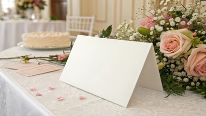 Obraz premium Paper Table Card Horizontal. Wedding Table Setting with Flowers. 