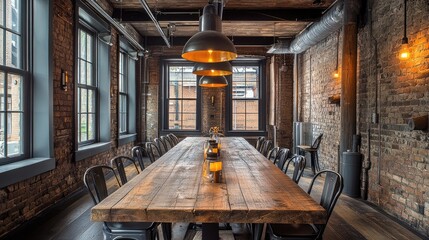 Obraz premium Industrial-style meeting room with a rustic wood table, metal chairs, and exposed brick walls.