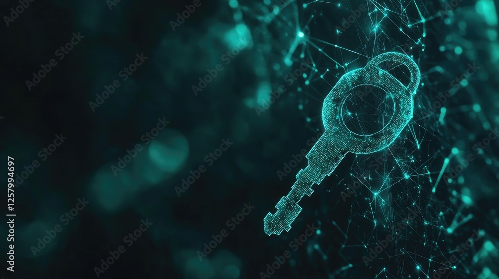 Poster internet security concept with a digital key floating in a cyber matrix background.