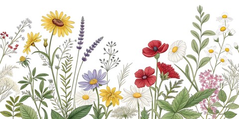 Spring Flower Border with Daisies and Blossoms in a Colorful Floral Frame