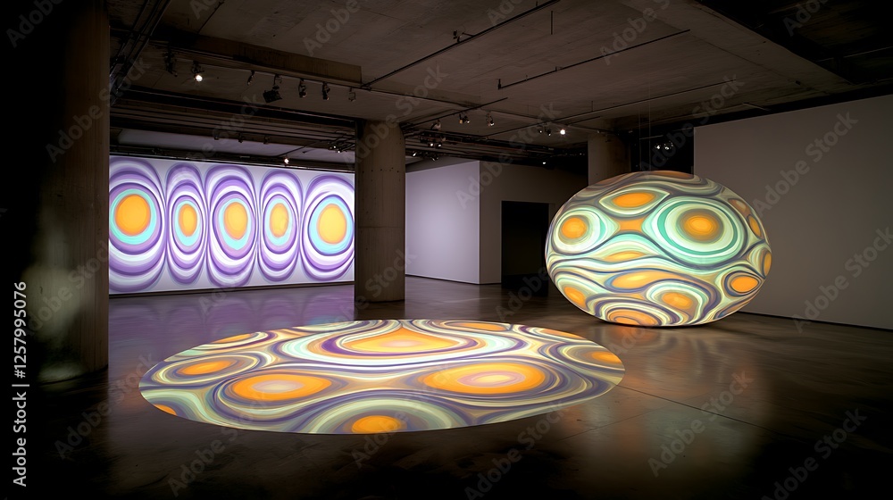 Poster abstract art installation featuring circular forms in gallery exhibition with unique designs display