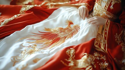 Fototapeta premium Elegant Red Gold Phoenix Embroidery Traditional Chinese Dress