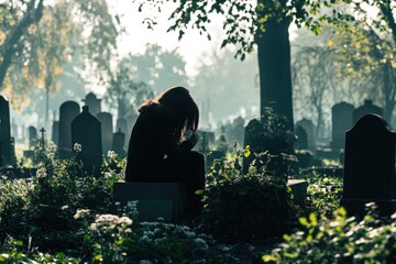 A woman wearing all black, seated on a tombstone, paying her respects at the grave of a loved one. The atmosphere is solemn and reflective.