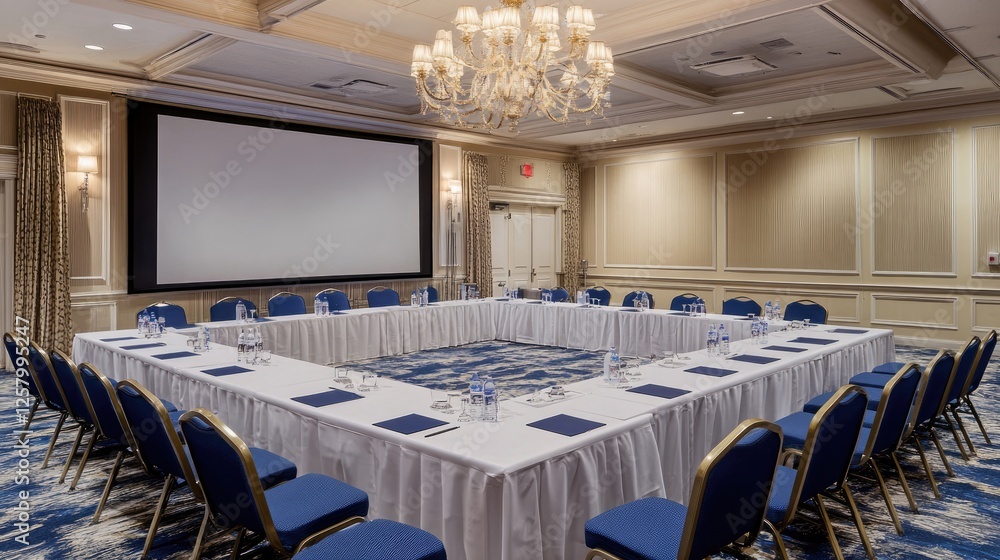 Poster large meeting space with an overhead projector and clean whiteboard with diagrams.