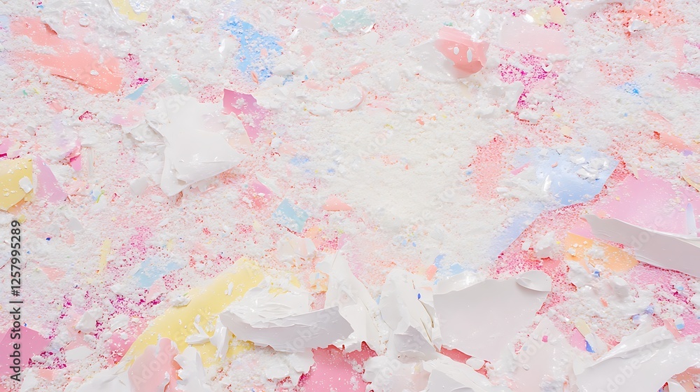 Poster abstract composition featuring pastel hues and crushed material elements in a visual display