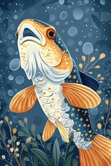 An illustrated fish with vibrant colors against a dark background, showcasing aquatic beauty.