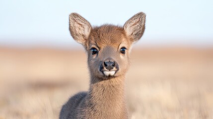 Fototapeta premium Fawn in field, calm, portrait, wildlife, nature, outdoors, use for children's book, posters, or nature documentaries
