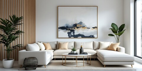 Modern sectional sofa living room, large artwork, plants