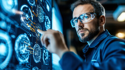 Engineer analyzing data on digital screen, focused and engaged in work. environment is high tech and modern