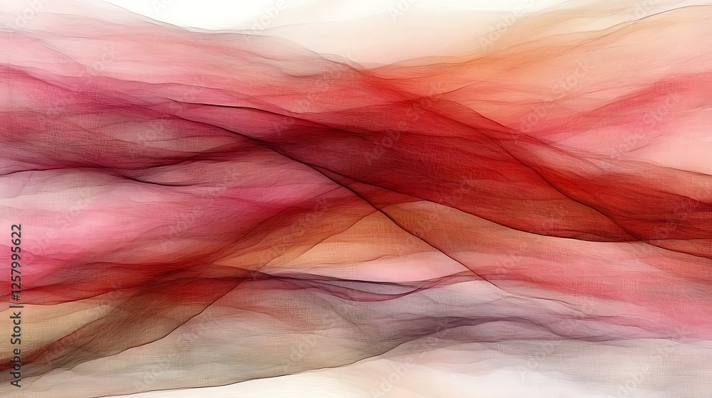 Poster abstract fluid dynamic red tones and silk texture pattern with light shades on subtle gradient backg