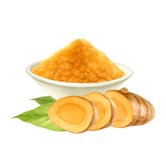 Turmeric powder and root in a composition for packaging design, food design, articles and recipes - watercolor illustration hand drawn and isolated from background.