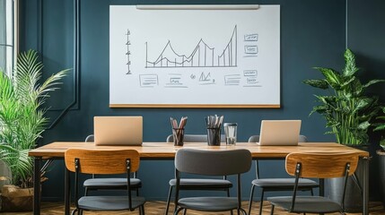 Minimalist meeting room with a whiteboard filled with strategy diagrams.