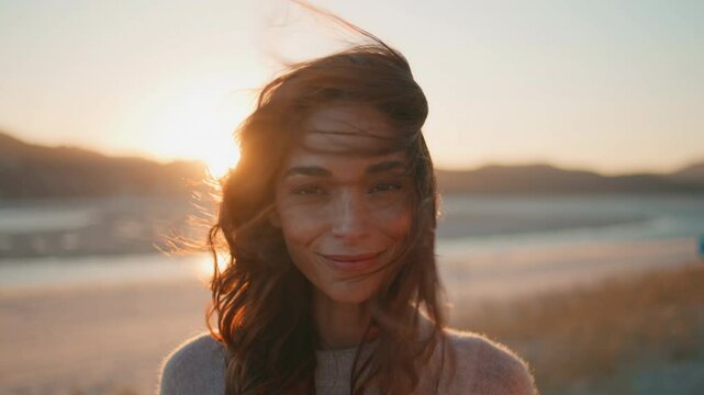 Portrait woman windy sunset nature. Beautiful brunette posing at golden horizon