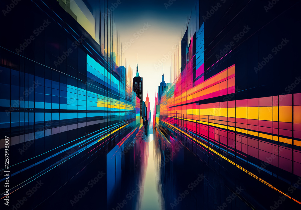Aufkleber abstract urban scene with motion blur effect showcasing vibrant blocks of colors forming a cityscape