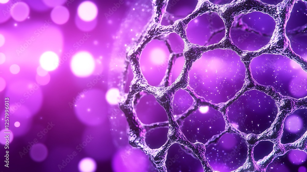 Poster abstract purple molecular structure network artistic background design with bokeh lights and particl