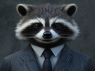 Close-up of an anthropomorphic raccoon in a pinstripe suit, showcasing charm and professionalism for financial and business consulting. Detailed view of suit and raccoon.