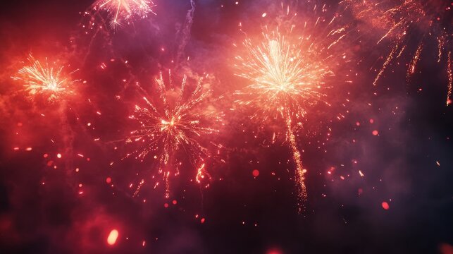 Night city fireworks. Festive christmas pyrotechnics firecrackers with urban skyline. Xmas party festival salutes background
